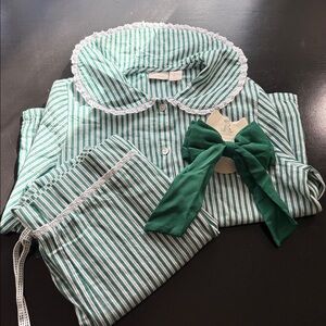 Striped Green Pajama Set with Lace Trim